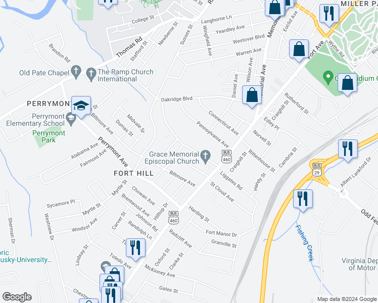 map of restaurants, bars, coffee shops, grocery stores, and more near 1005 New Hampshire Avenue in Lynchburg