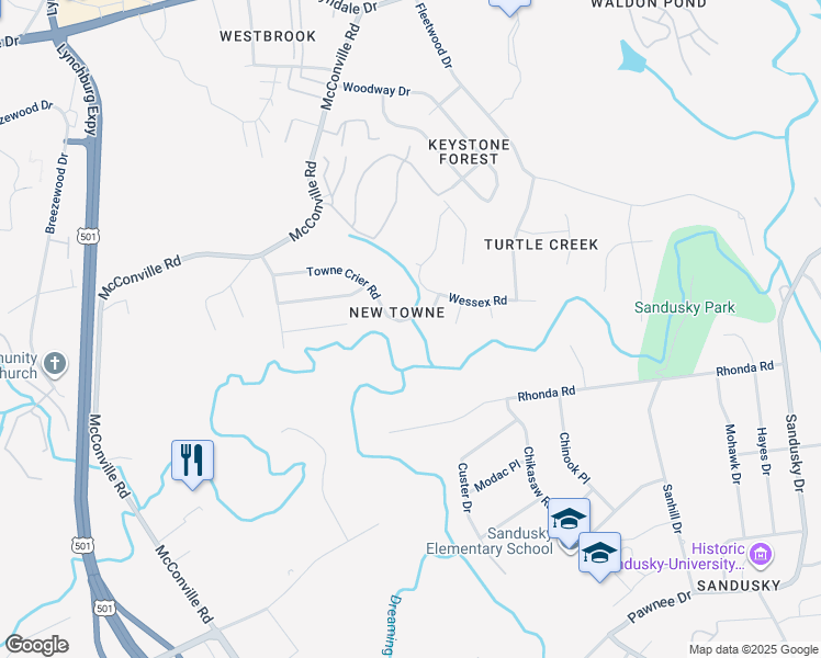 map of restaurants, bars, coffee shops, grocery stores, and more near 319 Towne Crier Road in Lynchburg
