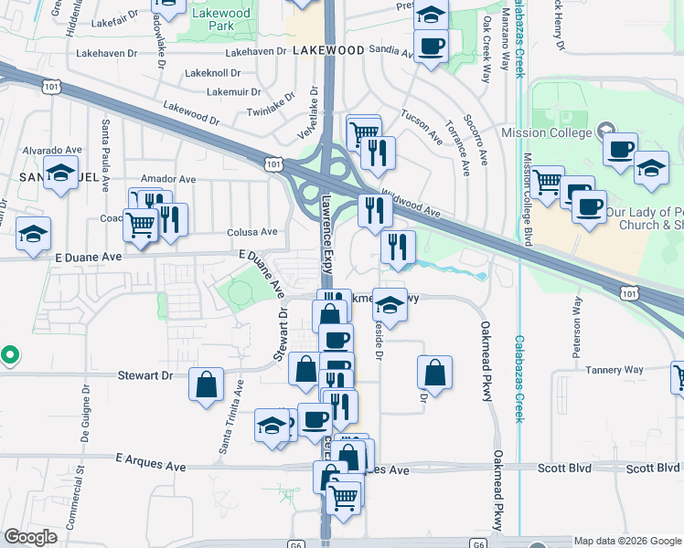 map of restaurants, bars, coffee shops, grocery stores, and more near 1247 Lakeside Drive in Sunnyvale