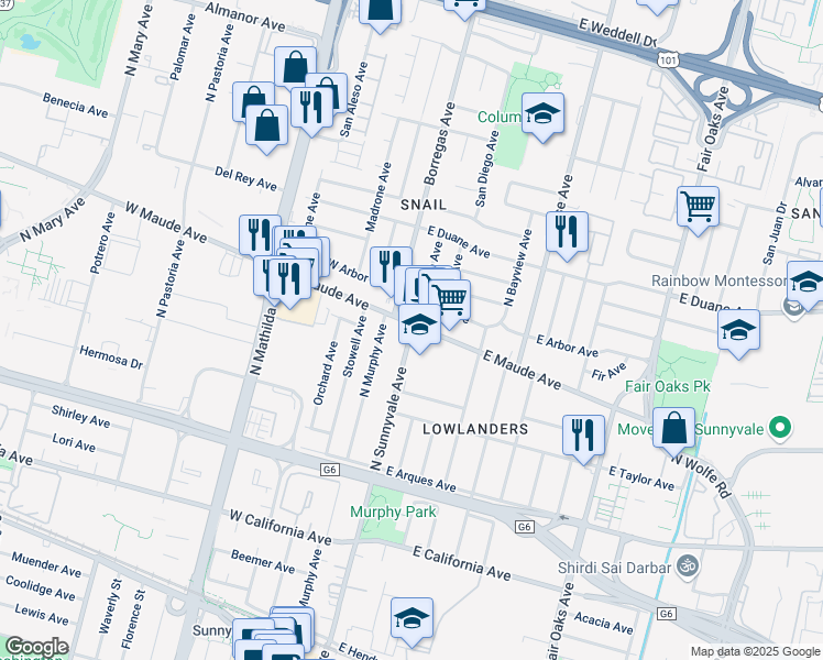 map of restaurants, bars, coffee shops, grocery stores, and more near 433 North Sunnyvale Avenue in Sunnyvale