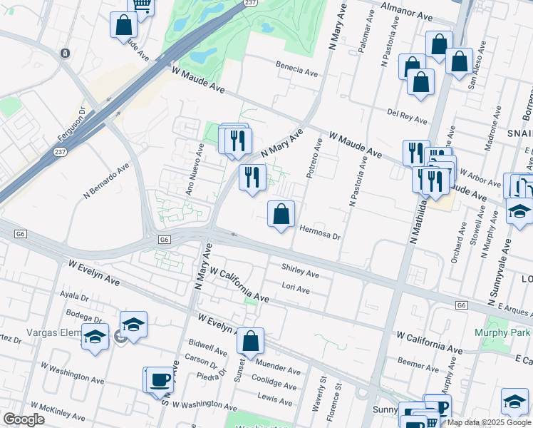 map of restaurants, bars, coffee shops, grocery stores, and more near 909 Hermosa Court in Sunnyvale