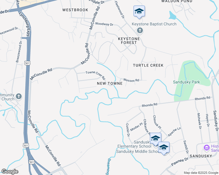 map of restaurants, bars, coffee shops, grocery stores, and more near 315 Towne Crier Road in Lynchburg