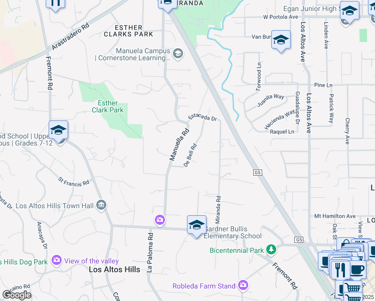 map of restaurants, bars, coffee shops, grocery stores, and more near 14441 Debell Road in Los Altos Hills