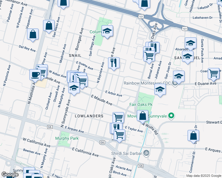 map of restaurants, bars, coffee shops, grocery stores, and more near 558 Maple Avenue in Sunnyvale