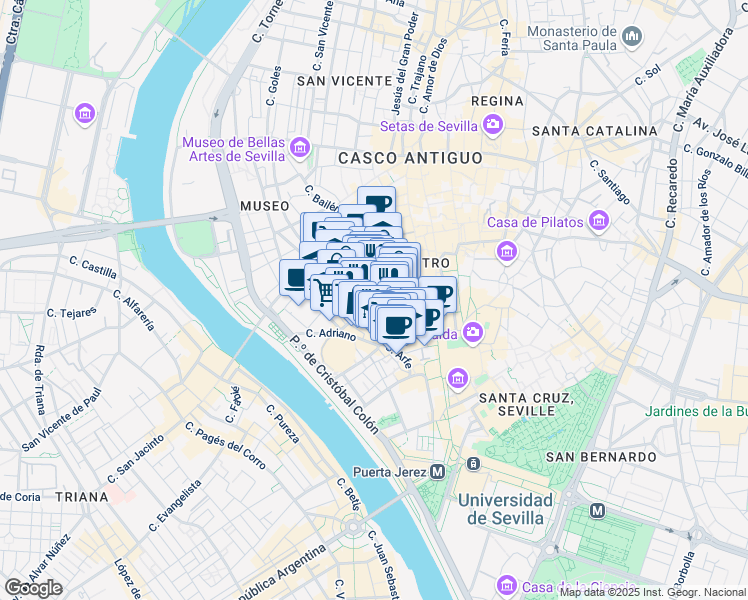 map of restaurants, bars, coffee shops, grocery stores, and more near 15 Calle Padre Marchena in Sevilla