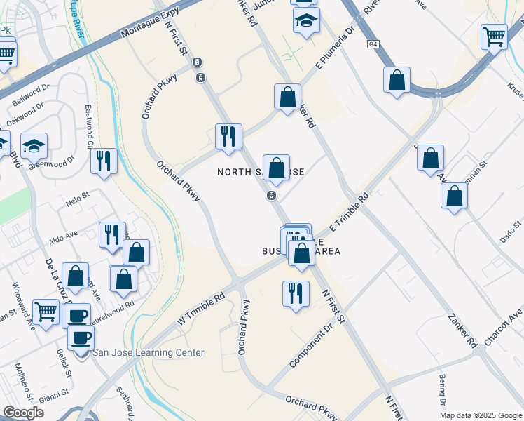 map of restaurants, bars, coffee shops, grocery stores, and more near 2665 North 1st Street in San Jose