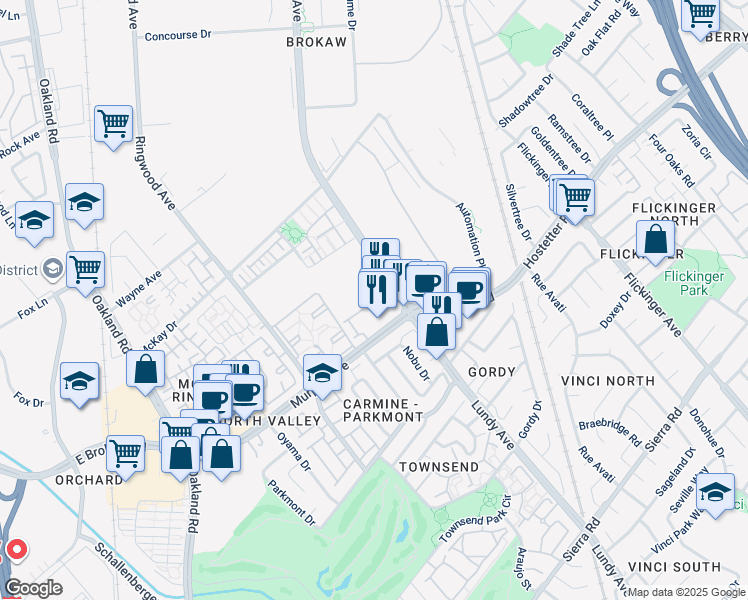 map of restaurants, bars, coffee shops, grocery stores, and more near 1715 Lundy Avenue in San Jose