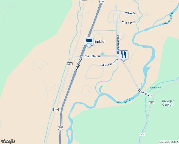 map of restaurants, bars, coffee shops, grocery stores, and more near 387 Horse Thief Lane in Durango