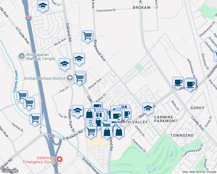 map of restaurants, bars, coffee shops, grocery stores, and more near 1061 McKay Drive in San Jose