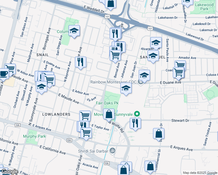 map of restaurants, bars, coffee shops, grocery stores, and more near 648 Cypress Avenue in Sunnyvale