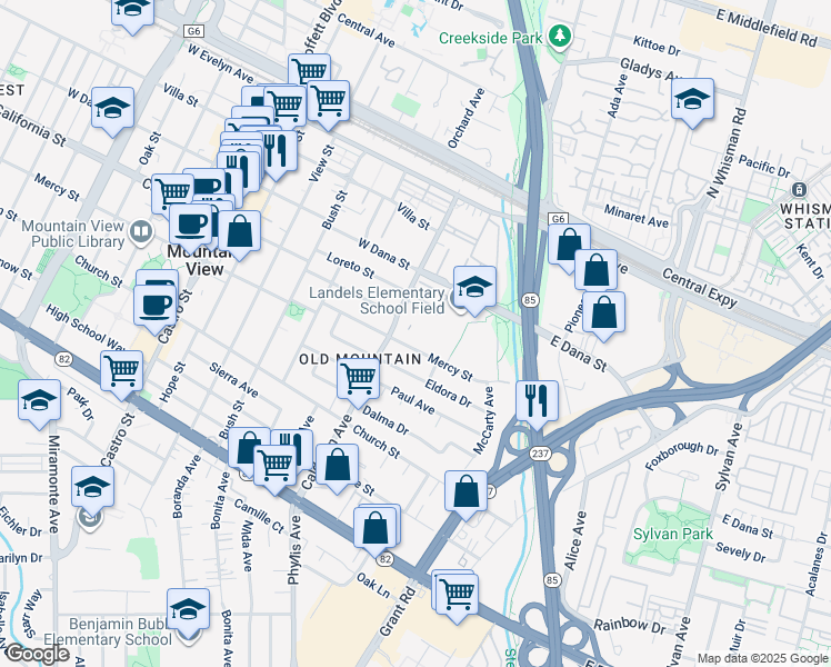 map of restaurants, bars, coffee shops, grocery stores, and more near 465 Calderon Avenue in Mountain View