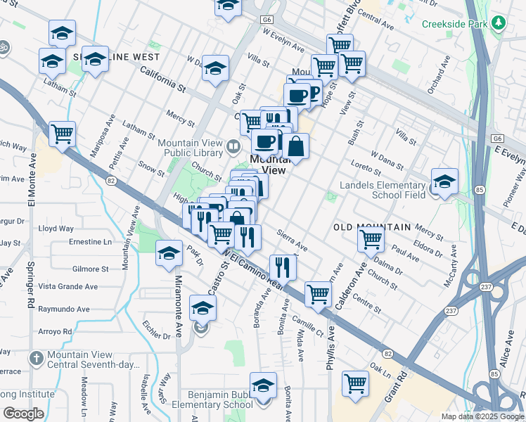 map of restaurants, bars, coffee shops, grocery stores, and more near 666 Hope Street in Mountain View