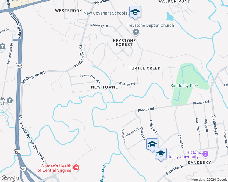 map of restaurants, bars, coffee shops, grocery stores, and more near 107 Lawton Lane in Lynchburg