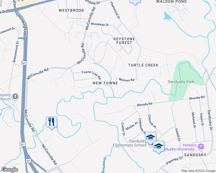 map of restaurants, bars, coffee shops, grocery stores, and more near 319 Towne Crier Road in Lynchburg