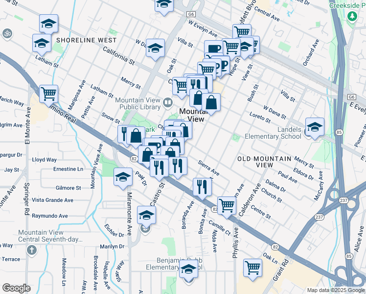map of restaurants, bars, coffee shops, grocery stores, and more near 666 Hope Street in Mountain View
