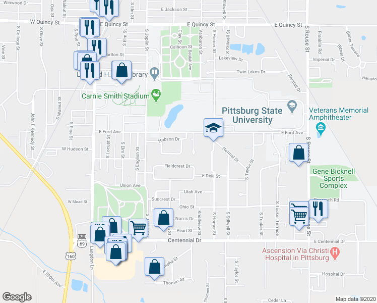 map of restaurants, bars, coffee shops, grocery stores, and more near 1907 Messenger Circle in Pittsburg
