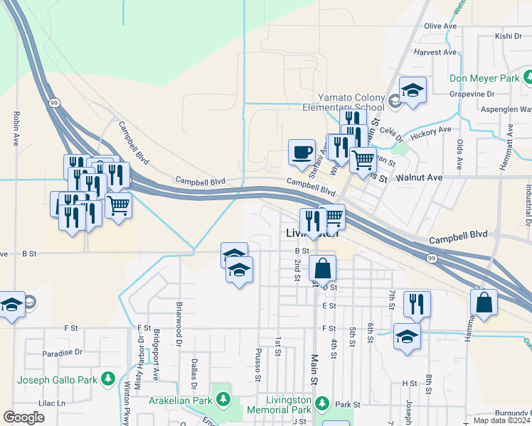 map of restaurants, bars, coffee shops, grocery stores, and more near 1000 Front Street in Livingston