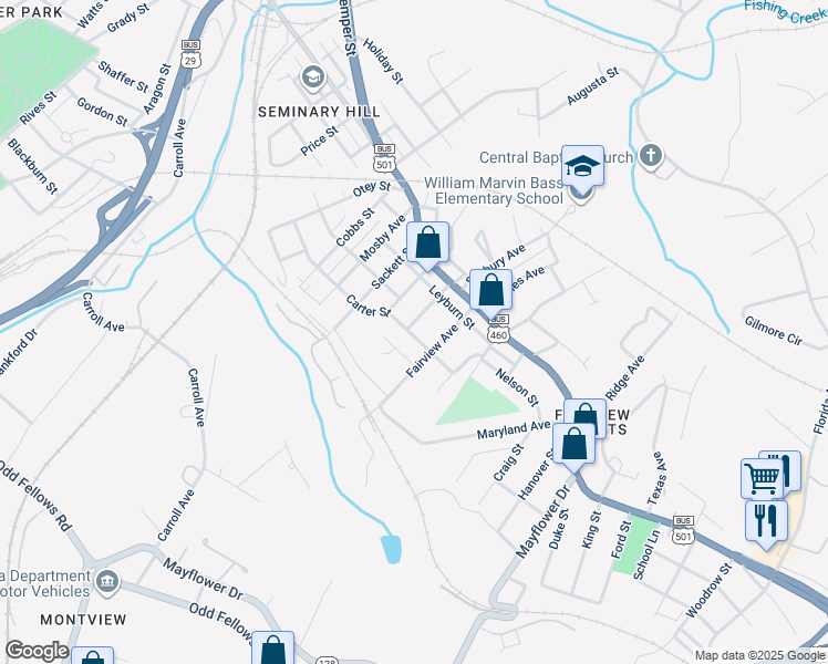 map of restaurants, bars, coffee shops, grocery stores, and more near 2294 Sabine Street in Lynchburg
