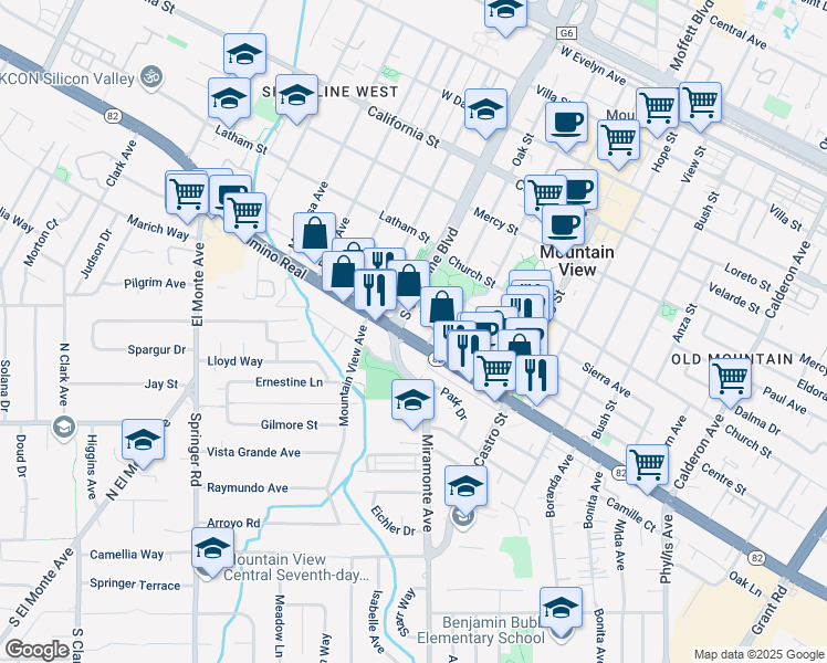map of restaurants, bars, coffee shops, grocery stores, and more near in Mountain View