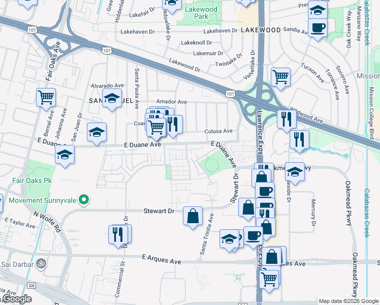 map of restaurants, bars, coffee shops, grocery stores, and more near 588 Santa Rosalia Terrace in Sunnyvale