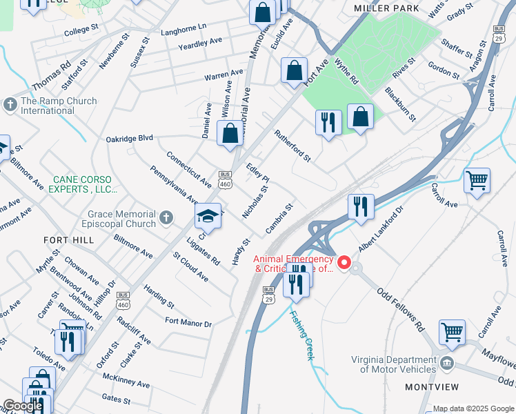 map of restaurants, bars, coffee shops, grocery stores, and more near 3812 Nicholas Street in Lynchburg