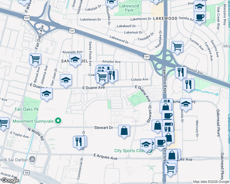 map of restaurants, bars, coffee shops, grocery stores, and more near 592 San Remi Terrace in Sunnyvale