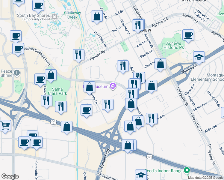 map of restaurants, bars, coffee shops, grocery stores, and more near 2200 Mission College Boulevard in Santa Clara