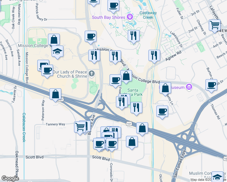 map of restaurants, bars, coffee shops, grocery stores, and more near 3977 Freedom Circle in Santa Clara