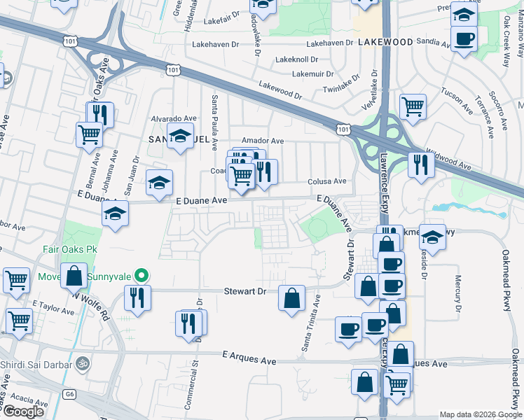 map of restaurants, bars, coffee shops, grocery stores, and more near 929 Delano Terrace in Sunnyvale