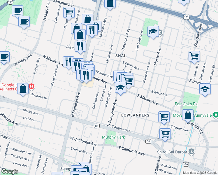 map of restaurants, bars, coffee shops, grocery stores, and more near 385 North Murphy Avenue in Sunnyvale