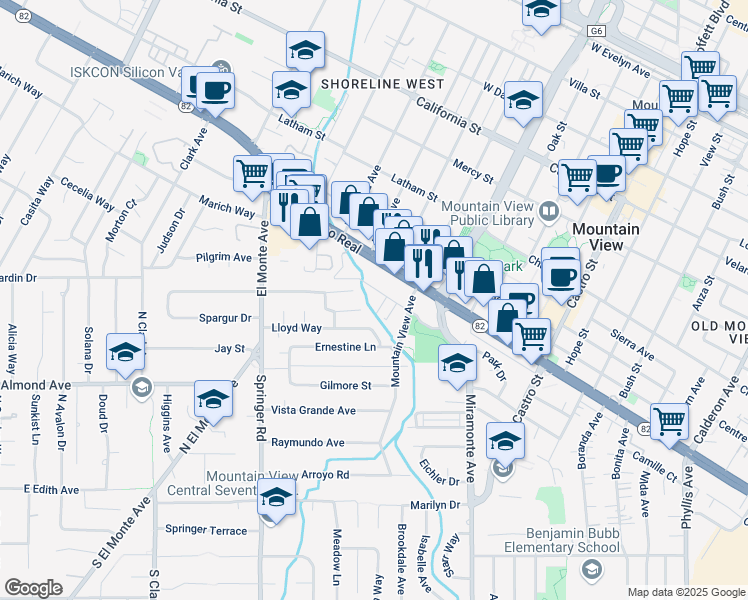 map of restaurants, bars, coffee shops, grocery stores, and more near 1339 Park Drive in Mountain View
