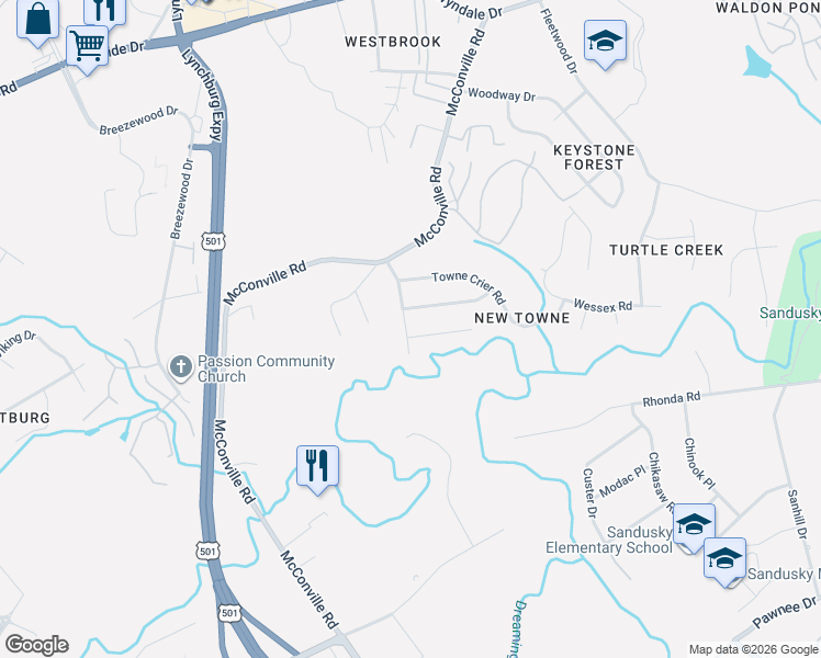 map of restaurants, bars, coffee shops, grocery stores, and more near 148 New Towne Road in Lynchburg