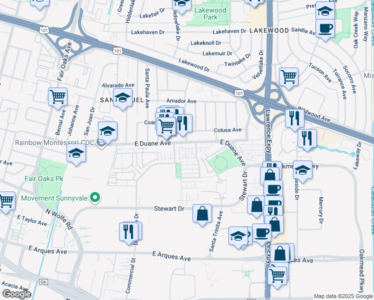 map of restaurants, bars, coffee shops, grocery stores, and more near 592 San Remi Terrace in Sunnyvale