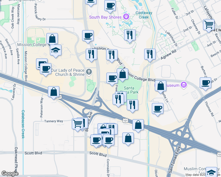 map of restaurants, bars, coffee shops, grocery stores, and more near 3979 Freedom Circle in Santa Clara