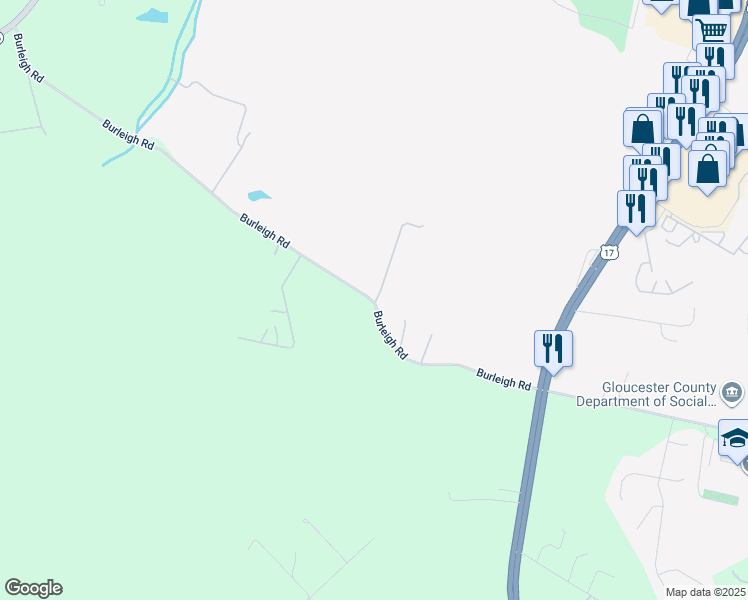 map of restaurants, bars, coffee shops, grocery stores, and more near 6329 Burleigh Road in Gloucester