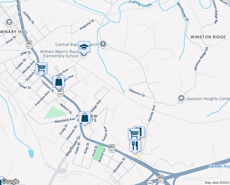map of restaurants, bars, coffee shops, grocery stores, and more near 3200 Missouri Avenue in Lynchburg