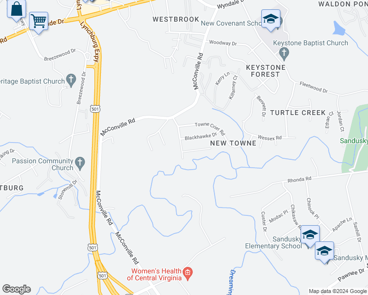 map of restaurants, bars, coffee shops, grocery stores, and more near 148 New Towne Road in Lynchburg