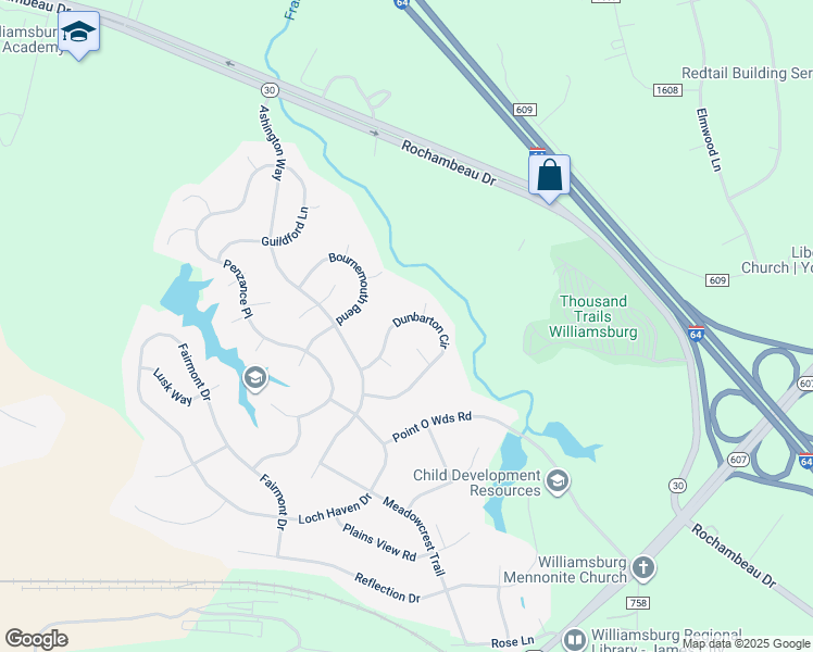 map of restaurants, bars, coffee shops, grocery stores, and more near 4024 Dunbarton Circle in Williamsburg