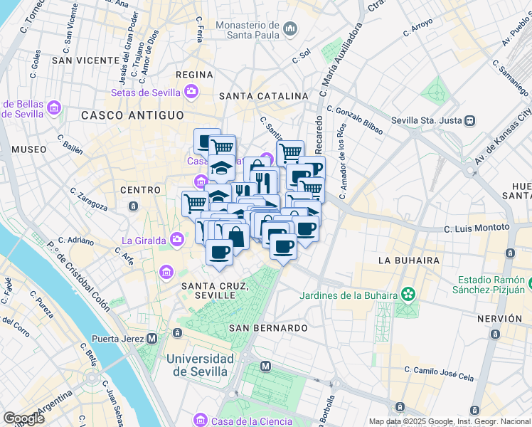 map of restaurants, bars, coffee shops, grocery stores, and more near 19 Calle San Vicente in Sevilla