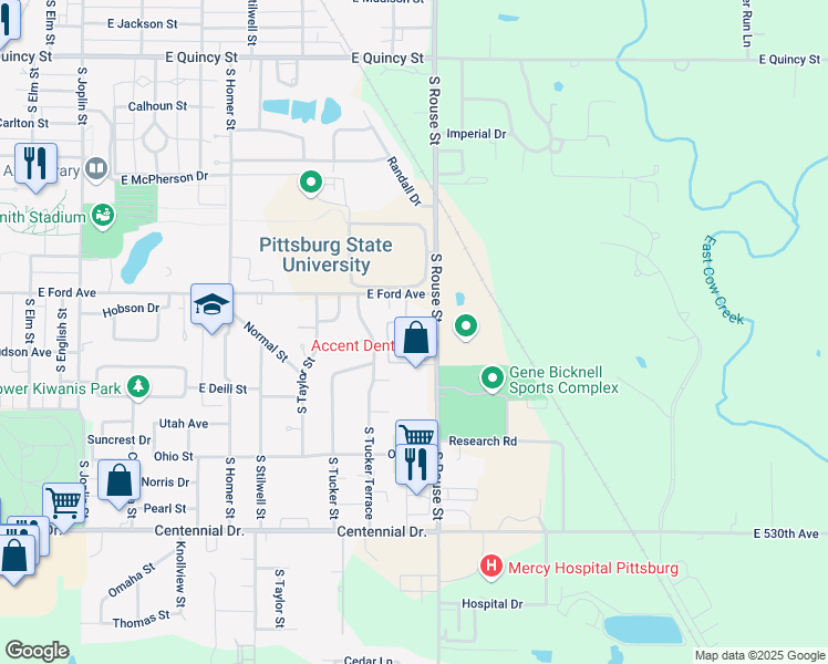map of restaurants, bars, coffee shops, grocery stores, and more near 1904 South Rouse Avenue in Pittsburg