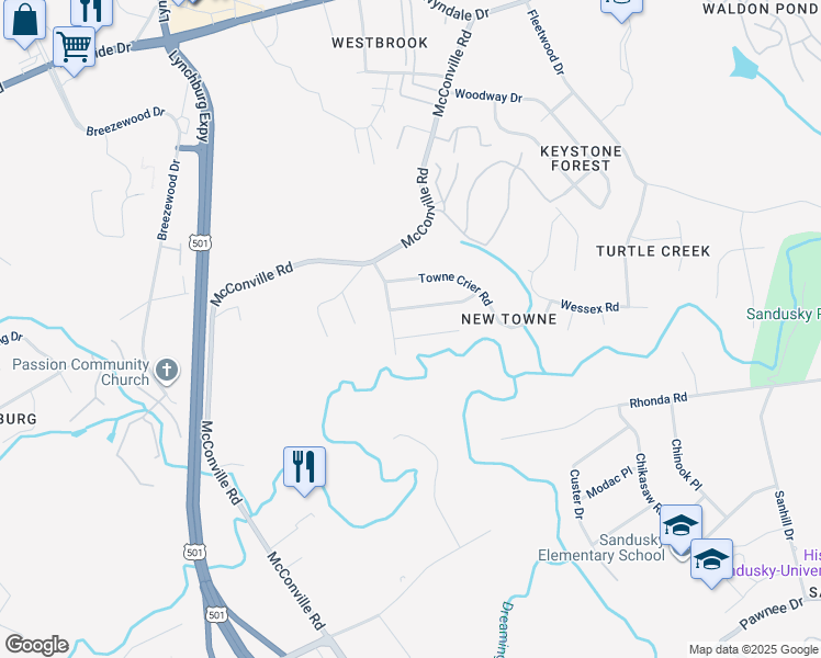 map of restaurants, bars, coffee shops, grocery stores, and more near 408 Three Creeks Court in Lynchburg