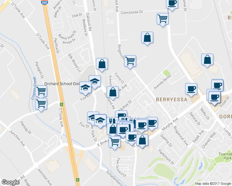 map of restaurants, bars, coffee shops, grocery stores, and more near 1024 Wayne Ave in San Jose