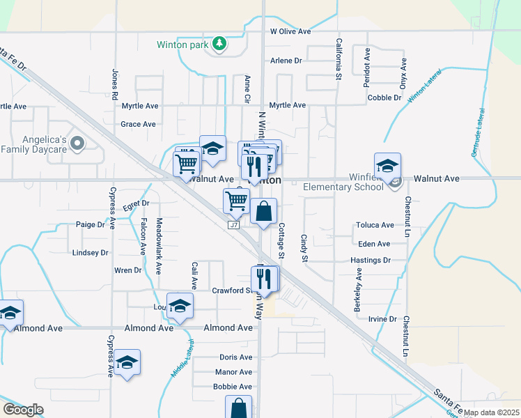 map of restaurants, bars, coffee shops, grocery stores, and more near 6897 North Winton Way in Winton