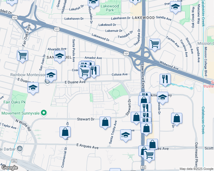 map of restaurants, bars, coffee shops, grocery stores, and more near 984 Crestline Terrace in Sunnyvale