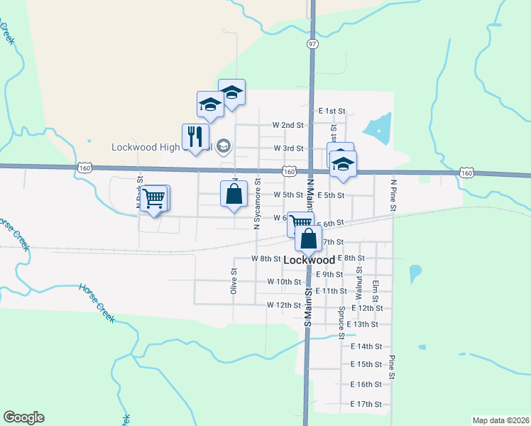 map of restaurants, bars, coffee shops, grocery stores, and more near 226-298 W 6th St in Lockwood