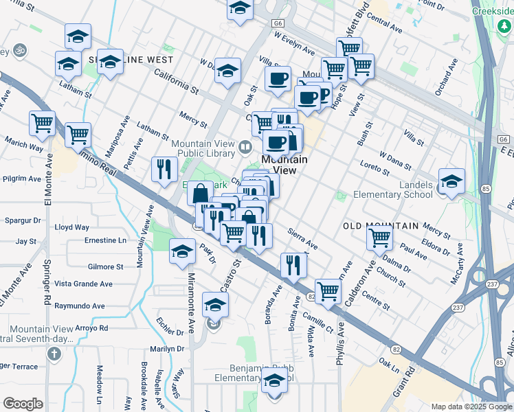 map of restaurants, bars, coffee shops, grocery stores, and more near 750 Castro Street in Mountain View