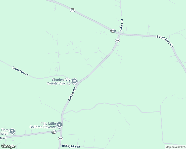 map of restaurants, bars, coffee shops, grocery stores, and more near 7400 Adkins Road in Charles City