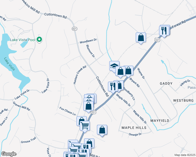 map of restaurants, bars, coffee shops, grocery stores, and more near 1230 State Route 621 in Lynchburg