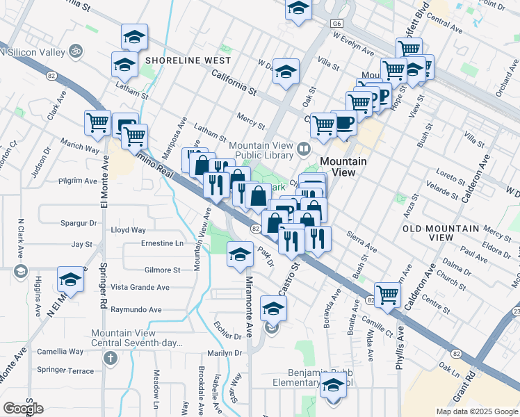 map of restaurants, bars, coffee shops, grocery stores, and more near 775 Oak Street in Mountain View