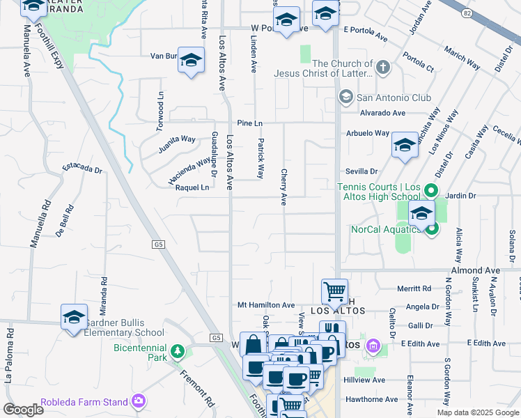 map of restaurants, bars, coffee shops, grocery stores, and more near 201 Yerba Buena Avenue in Los Altos